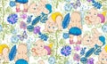 Baby in a diaper and flowers. Seamless pattern.